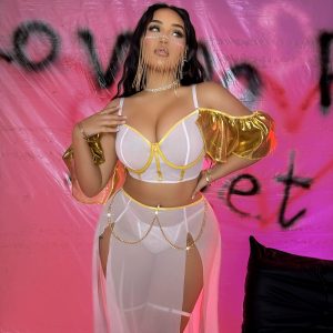 Sexy Sheer Lingerie Set for Women – Gold Ruffle Sleeve & Chain Detail 3-Piece Babydoll Outfit – Plus Size Exotic Transparent Mesh Skirt Set
