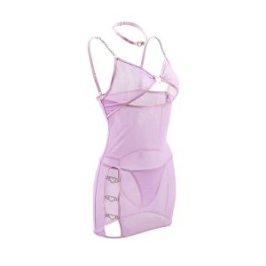 Sheer Mesh Cut-Out Lingerie Dress with Heart Ring & Side Buckles – 2 Piece Sexy Nightwear Set