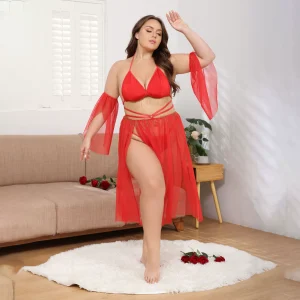 3-Piece Red Mesh Lingerie Set – Bra, Thong, and Matching Robe with Off-Shoulder Sleeves