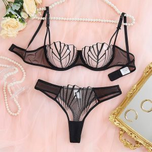 Sexy Sheer Mesh Lingerie Set for Women – 2-Piece Bra and Thong Panty with Geometric Embroidery, Underwire See-Through Bra Set, Multiple Colors