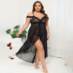Plus Size Sheer Lace Lingerie Gown with Off-Shoulder Straps – Sexy Long Babydoll Nightdress Set for Women