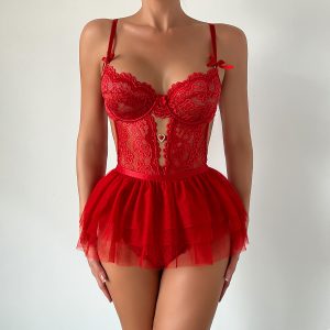 Tulle Skirt Lace Teddy Lingerie Bodysuit – Sheer Floral One-Piece with Peekaboo Cutouts & Heart Charm