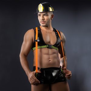 Men’s Firefighter Costume Lingerie Set – Sexy Fireman Outfit with Harness, Faux-Leather Shorts & Suspenders – Roleplay, Cosplay, Party, Clubwear