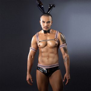 Men’s Sexy Bunny Harness Lingerie Set – Faux Leather Briefs with Chain Chest Harness, Bunny Ears & Tail – Exotic Costume for Party, Clubwear, Roleplay & Bedroom