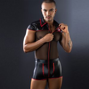 Men’s Sexy Nurse Costume Lingerie – Mesh See-Through Top with Faux Leather Trim, Zipper Front, Short Shorts, Fantasy Roleplay Outfit for Parties, Cosplay & Bedroom Fun