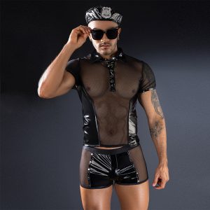 Men’s Sexy Police Costume Set – Mesh & Faux Leather Short Sleeve Top with Matching Shorts and Police Cap, Roleplay Uniform for Party, Cosplay & Lingerie Night