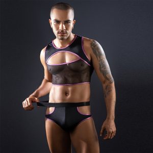 Men’s Sexy Mesh Cut-Out Lingerie Set – See-Through Crop Top & Briefs, Stretchy Underwear Costume for Roleplay, Clubwear & Bedroom Fun