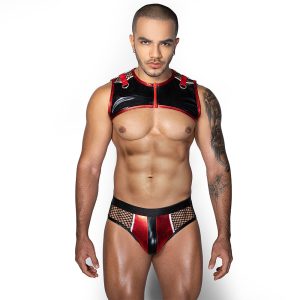 Men’s Faux Leather & Mesh Ultra-Sexy Harness Crop Top Set – Zipper Chest Vest + Fishnet Briefs, Fetish Clubwear, Exotic Lingerie Costume for Parties & Roleplay